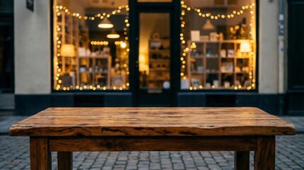 Wooden table outside shop with blurred festive lights background