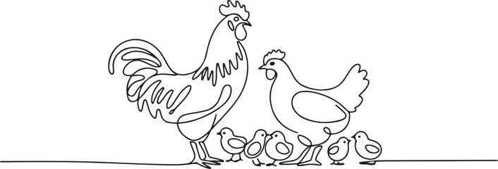 Continuous one line drawing of rooster and hen chicken family vector illustration. one line Art icon drawing vector © MDROBIUL