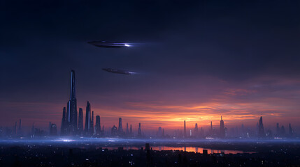 Future Metropolis at Dusk: A futuristic cityscape, silhouetted against a dramatic sunset sky, is alive with gleaming structures and hovering aircraft.