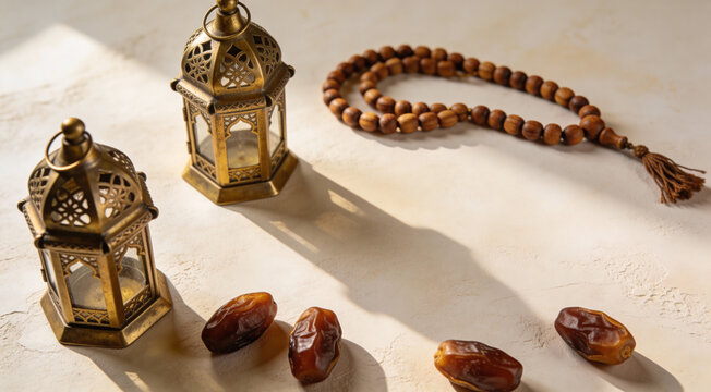 Clean Ramadan flat lay photography with prayer beads, lantern, and dates on a textured table.