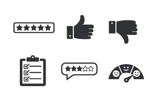 Set of 6 customer feedback and review icons designed for surveys, ratings and user experience analysis. Clean monochromatic vector symbols for web and mobile interfaces.