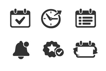 Online calendar scheduling icon set with events, reminders and time management symbols. Monochrome flat vector icons ideal for UI, productivity apps and websites.