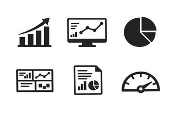 Obraz premium Set of 6 analytics and statistics icons designed for dashboards, business intelligence tools and data-driven interfaces. Clean monochromatic vector symbols for software and web apps.