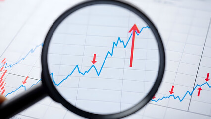 Financial growth analysis with magnifying glass highlighting rising stock market chart on graph paper background