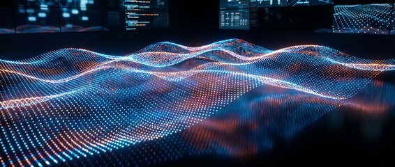 A futuristic visualization of data streams and sound waves rendered as glowing undulating lines of particles against a dark backdrop