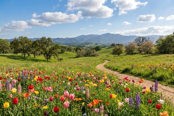 Fototapeta premium a vibrant landscape showcases a winding dirt path through a wildflower meadow with rolling green hills and distant mountains under a blue sky