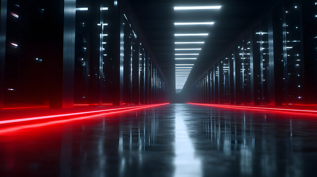 Digital Passage: An impressive perspective of a futuristic server room. Red neon lights emphasize the architectural depth. Highlighting data and innovation. - Powered by Adobe