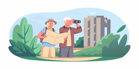 Elderly couple exploring a city with a map and binoculars
