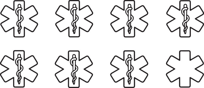 Medical star icons set. Medical alert emergency, EMT, EMS, Star of Life, Nurse, one line Art icon drawing vector