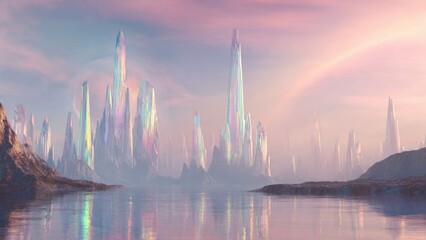 Fototapeta premium Crystal towers over serene lake at dawn.