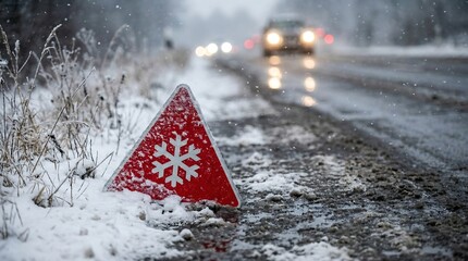 A snow covered roadside emergency marker displays a snowflake symbol with blurred car lights visible along a wintry road high quality