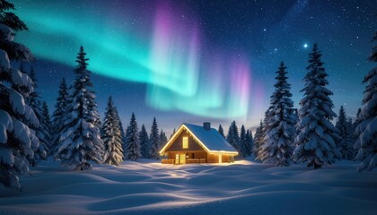 Fototapeta premium a cozy cabin glows warmly amidst a snow covered landscape under the mesmerizing dance of the aurora borealis in the night sky