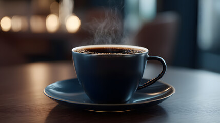 Obraz premium Aromatic Coffee Moment: A close-up shot of a steaming cup of coffee, nestled on a matching saucer, hints at a warm and inviting coffee break.