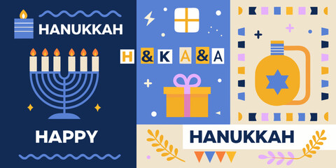 Obraz premium Colorful hanukkah celebration graphic with menorah gifts and festive decorations