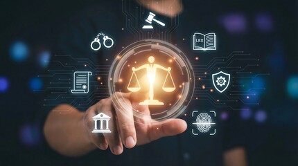 A digital representation of justice and law is held in a hand surrounded by legal symbols and network connections high quality