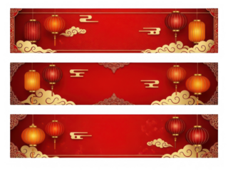 Vibrant red banners with hanging lanterns isolated on transparent background