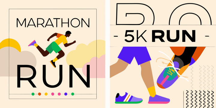 Colorful marathon and 5k run posters with illustrated runners and vibrant designs