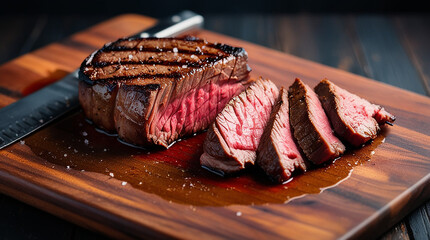 Juicy Grilled Steak Sliced on Wooden Board with Knife