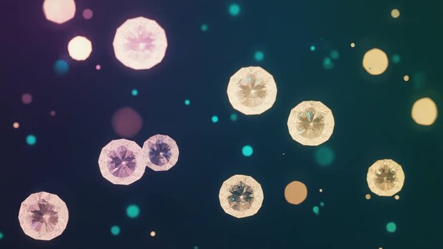 Sparkling diamonds and bokeh lights floating in a dark, colorful gradient background