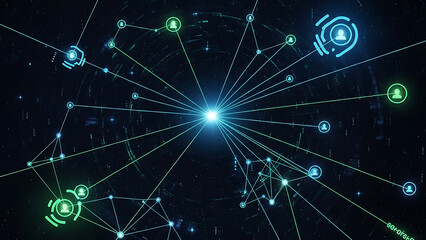 Obraz premium Global data network visualization displaying interconnected digital information flow and glowing user profiles