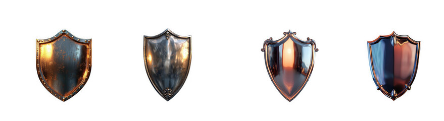 Fototapeta premium Four detailed fantasy shields displayed in a row showcasing varying metal textures on transparent background