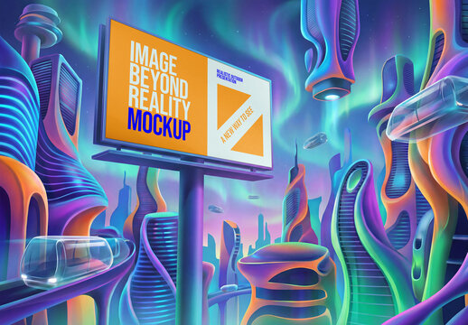 Template Mockup Futuristic Neon Billboard Branding Identity Sci Fi City