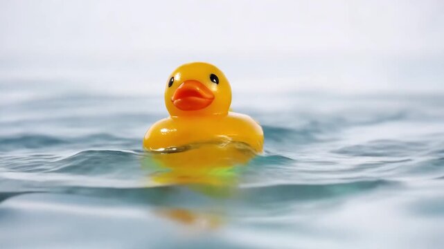 Yellow rubber duck water. Summer vacation, the concept of a children's game. A small rubber yellow duck floats in water in the pool. Symbol of swimming, happy childhood, white background