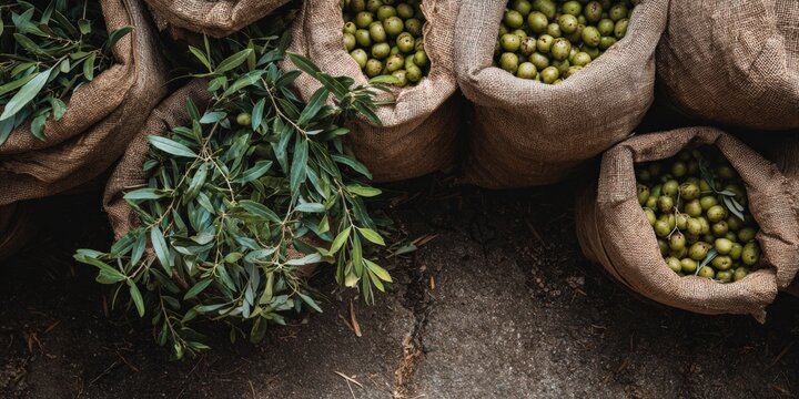 Fresh green olives in burlap sacks with olive branch on rustic ground - Powered by Adobe