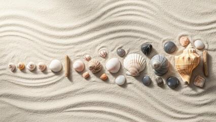 Seashells arranged on sandy beach surface.