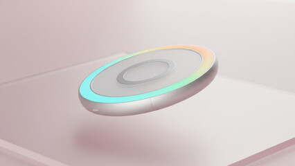 A futuristic, round magnetic wireless phone charger on a soft light pink background