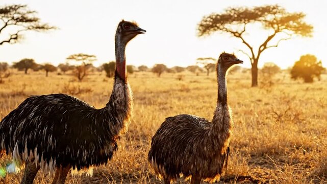 Two emus stand side by side in a field of dry grass during sunset with trees in the distance