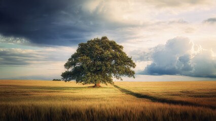 Obraz premium Lone Tree in Field at Sunset