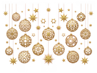 Golden holiday ornaments and stars isolated on transparent background