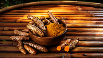 Obraz premium Organic Turmeric Roots and Powder in Wooden Bowl on Rustic Bamboo Background