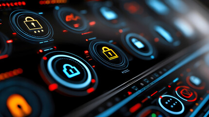 Obraz premium Serious futuristic cybersecurity display with digital technology for security. concept for data and network protection