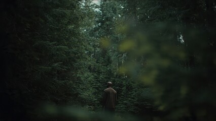 Man in forest contemplating nature's beauty.