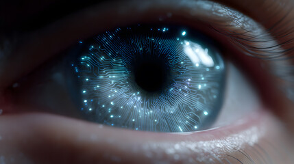 Cosmic Gaze: A close-up shot of an eye with shimmering particles floating within the iris.