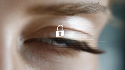 A human eye double-exposed with cybersecurity lock icons and code streams, symbolizing digital identity, online privacy, and data protection. cinematic color correction, natural uneven lighting yet - Powered by Adobe