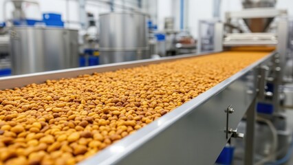 Fototapeta premium Industrial production line of dry pet food kibble on a conveyor belt in a modern manufacturing plant.