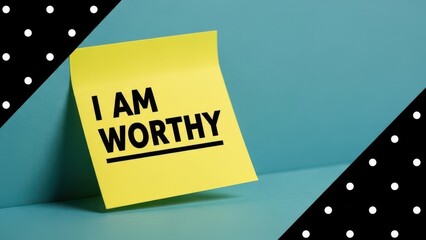 Positive affirmation 'I AM WORTHY' written on a yellow sticky note against a blue background