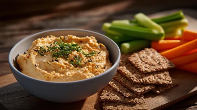 A modern kitchen scene featuring high-fiber snacks like hummus, raw vegetables, and whole-grain crackers for sustainable energy throughout the day. cinematic color correction, natural uneven