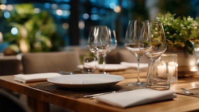A neatly laid dining table elegantly set for a dinner party, complete with fine china, sparkling glassware, and decorative candles, creating an inviting atmosphere for guests. cinematic color