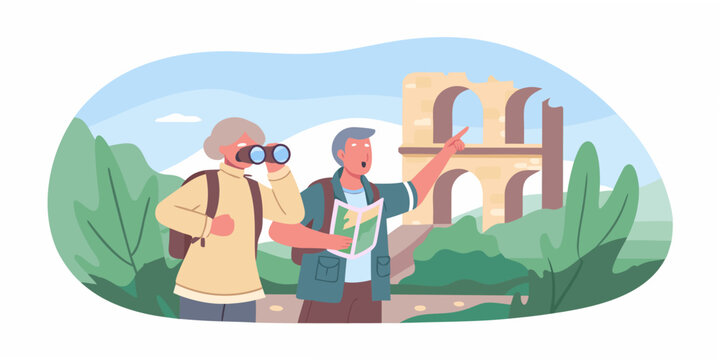 Two tourists exploring ancient ruins with a map and binoculars