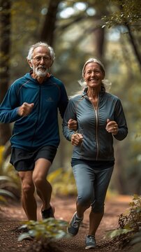 A man and a woman are jogging together on a dirt path in a forest. They are enjoying the fresh air and keeping fit as the sun rises through the trees