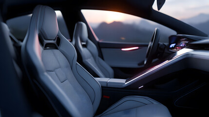 Interior Car's Elegance: A luxurious car interior showcases sleek design and comfortable seats. Soft light reflects on the premium materials. It's a statement of comfort and advanced design.