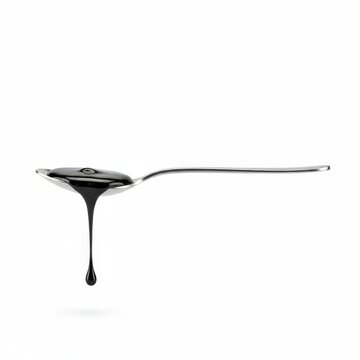 Stainless steel teaspoon with glossy black liquid shilajit dripping downward, isolated on white background, minimal composition emphasizing viscosity, purity, and natural supplement concept.