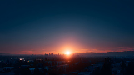 Obraz premium Golden Hour Cityscape: The sun sets over a sprawling city skyline, casting a warm golden glow that illuminates the buildings, creating a sense of tranquility and awe.