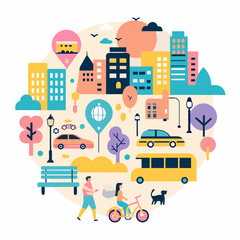 Colorful illustration depicting a vibrant city life with buildings parks and people