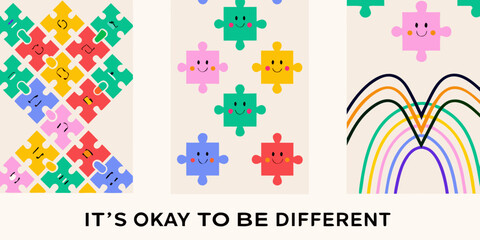 Colorful puzzle pieces and a rainbow illustrate diversity and acceptance