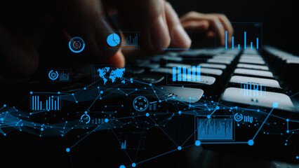 A dynamic digital scene showcasing hands typing on a keyboard, overlaid with graphic elements representing data analysis, statistics, and visualization concepts. Xenic
